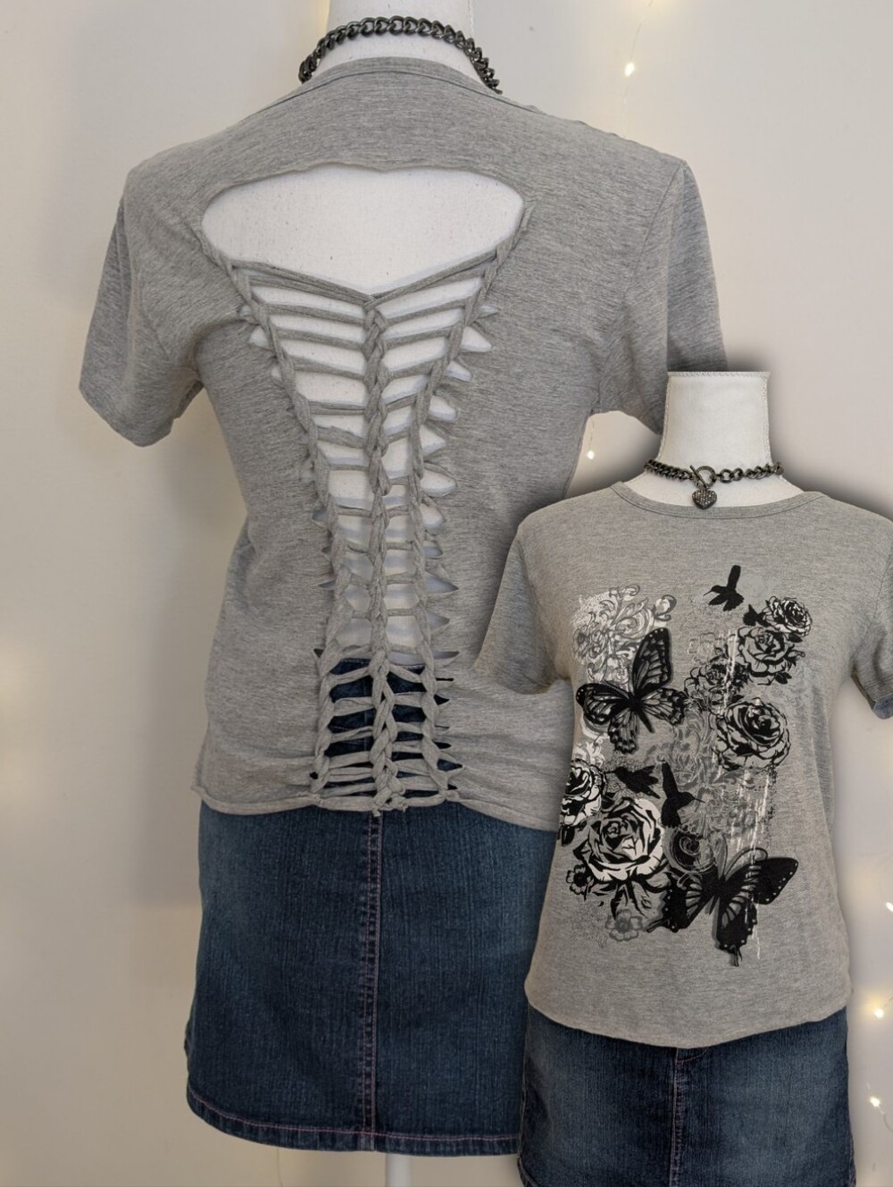 Cutout-Back Butterfly & Rose Graphic Tee - Gray